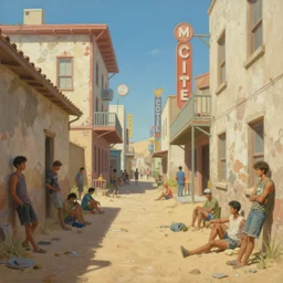 painting of a dystopian desert alleyway that was once the american south, people leaning against walls and sitting, ancient hotel, busy, bustling, vibrant, ruins, sandy, by ruan jia, by conrad roset, by yoshitaka amano, cgsociety, artstation, portfolio quality.