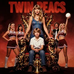 twin peaks movie poster art of taylor swift standing next to young boy sitting in throne, cheerleader sacrificed to moloch in a ritual, retro noir, by artgerm, leyendecker, katherine lam, peter mohrbacher, michael whelan, saturno butto, david kassan