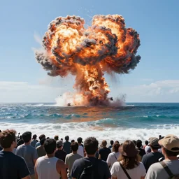 sunny day ocean big explosion on the horizon and crowd watching war apocalyptic photorealistic
