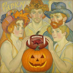 painting of arkansas razorbacks players using a pumpkin as a football at the halloween jack o'lantern party, elegant, clear, painting, stylized, delicate, soft facial features, art, art by alphonse mucha, vincent van gogh, egon schiele