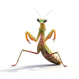 spotted praying mantis, stylized pixar-style 3d render, full body, isolated on a pure white background, centered, entire subject in frame, sharp focus, soft studio lighting