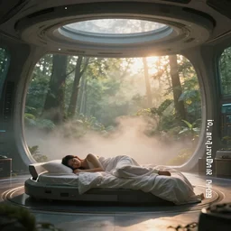 fuji 5 0 r 3 5 mm, architectural studio magazine photography, soft light, golden hour, sci - fi interior, forest background, sleeping woman, fog
