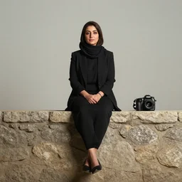 a woman sitting on top of a stone wall, a character portrait by taravat jalali farahani, pexels contest winner, dau - al - set, photo taken with nikon d 7 5 0, dslr, studio portrait