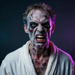 bill murray as angry zombie portrait, dystopia core, apocalyptic, neon, bathrobe, pale skin, wounds, one eye hanging out, teeth bare snarling, dramatic, sharp focus, fiction, hyper detailed, digital art, trending in artstation, cinematic lighting, studio quality, smooth render, unreal engine 5 rendered, octane rendered, art style and nixeu and wlop and krenz cushart