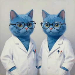 painting by cory loftis of a pair of blue scientist cats wearing glasses