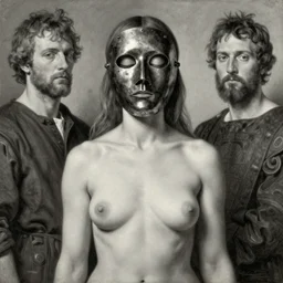 The waist-high portrait of beautiful woman with closed eyes in steel full-face occult mask by Ilya Repin, William Blake, Michelangelo da Caravaggio and Beksinski, medium shot, grisaille, highly detailed oil painting, 4k, masterpiece