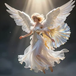 anthropomorphic angel with betta fish dress, white and gold color palette, by Yoshitaka Amano, ethereal, dreamy, god rays