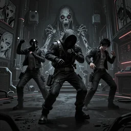 Fall Guys dancing, cyberpunk, horrific, manga, anime, dark vibes, matte painting