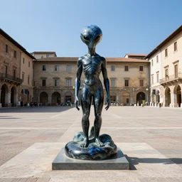 A_black_and_blue_marble_sculpture_of_Alien_from_another_galaxy_in_the_middle_of_an_Italian_piazza_midday_4k_photograph_sunny_day_long_shot_-W_1024