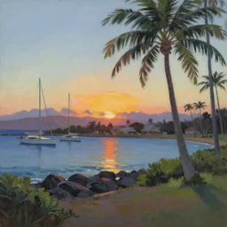 Lahaina Maui harbor, sunset with palms, by Miyazaki, oil painting