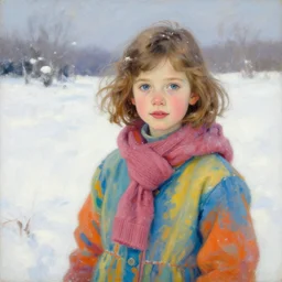 a seven year old girl with short wavy curly light brown hair and blue eyes wearing colorful winter clothes in a snowy field. beautiful painting by artgerm and greg rutkowski and alphonse mucha and lois van baarle and ilya kuvshinov