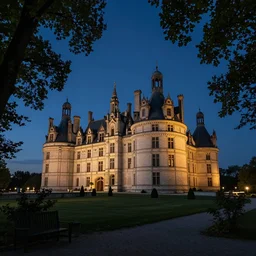 a renaissance castle in a forest with a glowing night sky, upward angle, by tyler edlin