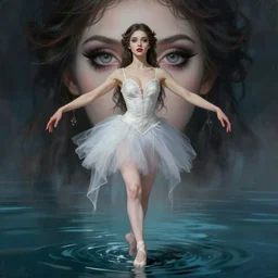 byzantine gothic goddess in ballet pose walking on water, large beautiful eyes, eyeliner, lipstick, highly detailed, digital painting, trending on artstation, concept art, sharp focus, illustration, art by artgerm and greg rutkowski and magali villeneuve