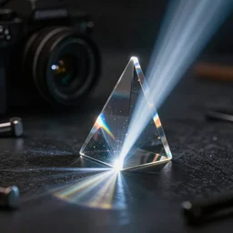 photo of a beam of light shining through a prism, shining through the other side, with ray showing on the table, intricate details, extremely high quality, moody lighting, real camera, real caustics, real photo, 8 k, full subject in shot