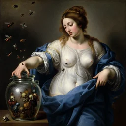 a painting of pandora opening her jar, releasing insects and critters that impersonate sickness and death, misery, she is fully dressed in robes, her breast is covered in the style of realism and a masterpiece by artemisia gentileschi