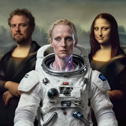 biblical daemonic Tilda Swinton wearing a spacesuit, glowing veins, looking sideways, second coming, rule of thirds, studio portrait by Greg Hildebrandt, studio lighting, muted colors, by Terry Richardson, by Leonardo DaVinci, by Beeple, ultrarelistic, extreme detail, caustics, trending on Artstation, 8K, octane renderer, rtx on