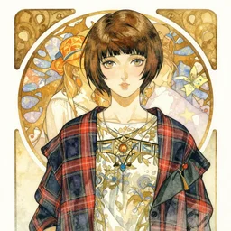 a watercolor portrait illustration by sui ishida and alphons mucha of a bishoujo as a vampire highly detailed anime eyes wearing wearing mixed plaid fashion by issey miyake and balenciaga 8 k