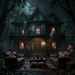a highly detailed photographic render of a creepy old haunted house, photos of a haunted living room, horror, bloody, ghost, creepy, cinematic lighting, cinematic scene, Volumetric lighting, Atmospheric scene, Dark, Horror, Atmospheric lighting, Global illumination cinematic render, film, beautifully lit, ray traced, octane 3D render, octane render, unreal engine