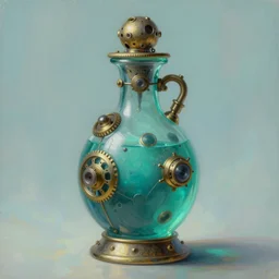 a painting of a steampunk mechanical vintage aquamarine colored potion bottle, by h. r. giger, hyperrealistic fantasy art, concept matte, ethereal, dreamy, digital art, trending on artstation, volumetric cinematic lighting