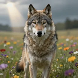 A high fantasy wolf girl standing in the middle of the field of flowers, by Eddie Mendoza and Victor Nizovtsev, face close up, official media, beautiful, detailed, high quality, wallpaper 4K, epic, trending on artstation and behance, dynamic lightning