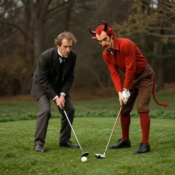 colorful portrait of a the devil playing golf with 1 friend, 1 8 0 0 s victorian photo, hand coloured photo, cinematic lighting, atmospheric, realistic, octane render, dramatic lighting, highly detailed, cinematic, by joel peter witkin and hieronymus bosch