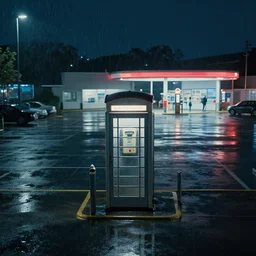 by night, a panoramic view of a parking lot with a single phone booth in the center in the rain ( no cars ), a 6 0 s gas station in the background, behance hd by jesper ejsing, by rhads, makoto shinkai and lois van baarle, ilya kuvshinov, rossdraws global illumination, 4 k artstation