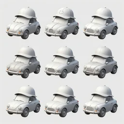 game asset, material study, chibi anthropometric cars wearing hats