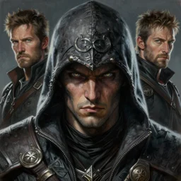 a highly detailed portrait painting of a rugged fantasy assassin with piercing eyes, by marc simonetti and michael whelan and gerald brom