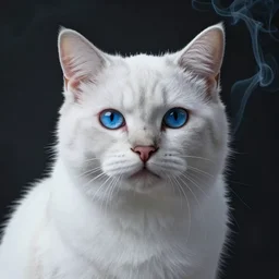 a beautiful white cat portrait, blue eyes, dramatic volumetric lighting, dark background, smokes around, 3 d render, very sharp details, award winning photography, art by greg rutsowski