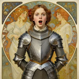 realistic detailed painting of a 1 6 - year old girl who resembles millie bobby brown and saoirse ronan with an open mouthed expression, with her arms behind her back, wearing intricate, detailed, art nouveau chainmail plate armor by alphonse mucha, ayami kojima amano, charlie bowater, karol bak, greg hildebrandt