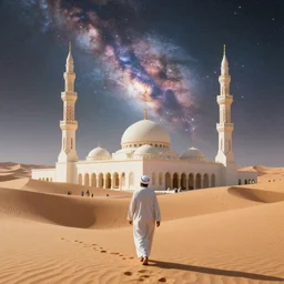 bedouin walking in the desert towards a mosque while surrounded by nebula clouds, digital art, trending on artstation