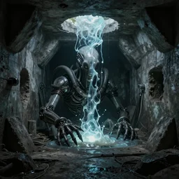 dark disturbing concrete bunker with alien mechanisms inside, with mystical glowing fluid, ultra detailed, made by alexandre benois