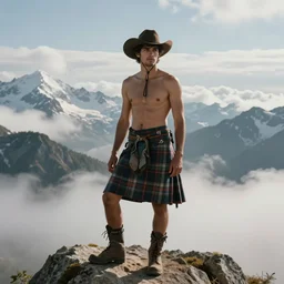 a portrait by greg rutkowski and albert bierstadt and bill ward of a shirtless handsome desi hiker on a mountain peak | he is wearing a cowboy hat and a revealing tartan kilt | background is snowy mountains and clouds | detailed face, ethereal, dreamlike, homoerotic | trending on artstation