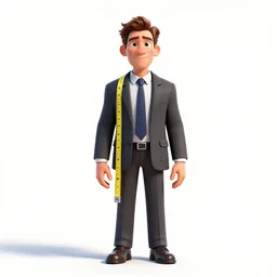 stern tailor with measuring tape, stylized pixar-style 3d render, full body, standing, isolated on a pure white background, centered, whole figure in frame, sharp focus, studio lighting