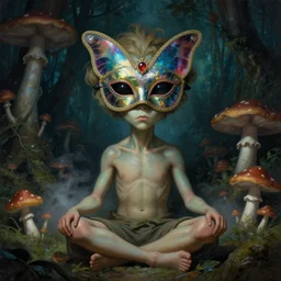 a neoclassicist portrait of a big - eyed alien boy meditating wearing an iridescent venetian carnival butterfly mask surrounded by mushrooms in a jungle at night. reflective textures. glowing fog. highly detailed fantasy science fiction painting by moebius, norman rockwell, frank frazetta, and syd mead. rich colors, high contrast, gloomy atmosphere, dark background. artstation