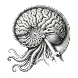 hyper-detailed antique medical illustration of Kaiju head crosssection, nautilus brain, ribcage, xhenomorph, with tentacles coming out of open mouth and exposed jaw bone, symmetrical