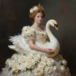 a queen with a decorated dress made of white and cream colored roses holding a swan in her arms, highly detailed, digital painting, trending on artstation , HD quality, by meredit frampton dramatic light, octane