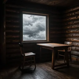 A dark room with log walls. Cloudy window illuminates the room casting a soft glow on the floor. Wooden table and a chair by the window, trending on artstation.