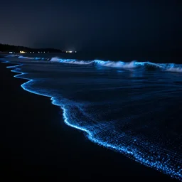nighttime dark view of beach on the ocean, bioluminescent on the edges of waves detail, realistic, 4k, amazing