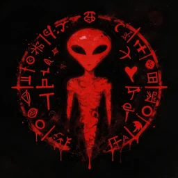 ancient alien scripture and symbols, black background, red colors, dripping ink