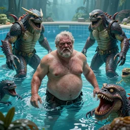 photo, ugly old fat man and his strong handsome 5 3 8 2 8 friend hunting monsters inside a swimming pool, highly detailed, scary, volumetric lighting
