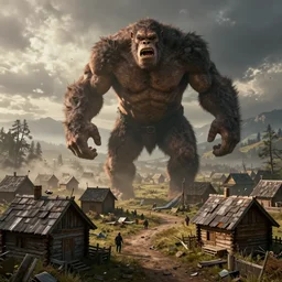 one single giant ogre attacks wooden village houses. destruction. atmospheric by eddie mendoza and craig mullins. volumetric lights
