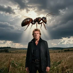 johnny halliday with a giant ant on his head