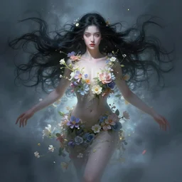 A photorealistic rendering, full face and body portrait, long shot, pose, of a beautiful goddess, swarming in flowers, magical, pale skin, blue eyes, long black hair, floating in a misty daze, digital art by Pete Mohrbacher and Greg Rutkowski, Deviantart, Hemera, painting, photoshop, digitalart, digitalpainting, fantasy, goddess, light, photoshop, photoshoppainting