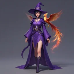Young beautiful short woman in purple witch robes with a small pet phoenix on her shoulder, full body shot, digital art, detailed render