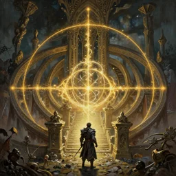 Dark Souls 3 and Elden Ring themed painting of labyrinth by Wlop, golden ratio, trending on cgsociety, cinematic, trending on artstation, highly detailed, vibrant