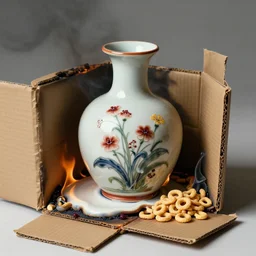 melting japanese pottery glazed beautiful future ikebana cheerios berry diavola nostalgia, smouldering cardboard box, surrealist,