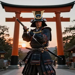 a godlike and indomitable helmeted samurai wielding their katana like a badass pose before a large Torii gate, the rising sun in the background. Photo realistic. Award winning