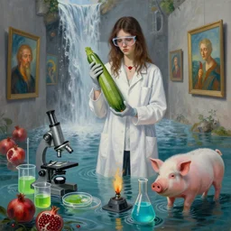 painting of a tall emo girl holding a courgette in a flooded art gallery, waterfall, paintings on the wall, pomegranates, microscope, beaker of lime green liquid, pig, a flask of cyan liquid, bunsen burner, petri dish, lab coat, safety goggles, latex gloves, zen, sensual, surrealist, by magritte and monet