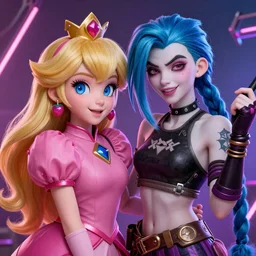 Princess peach mixed with jinx from league of legends with neon lighting, trending on artstation